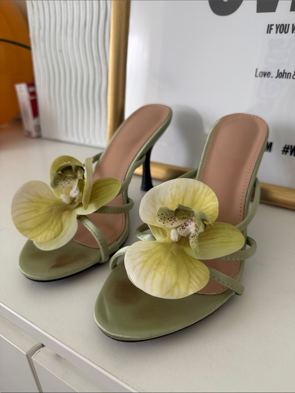 Green Floral Strappy Women’s Heels - Picture 2 of 6